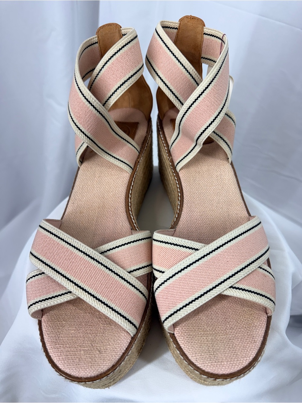Tory Burch Pink and Cream Striped Espadrille Wedge Sandals